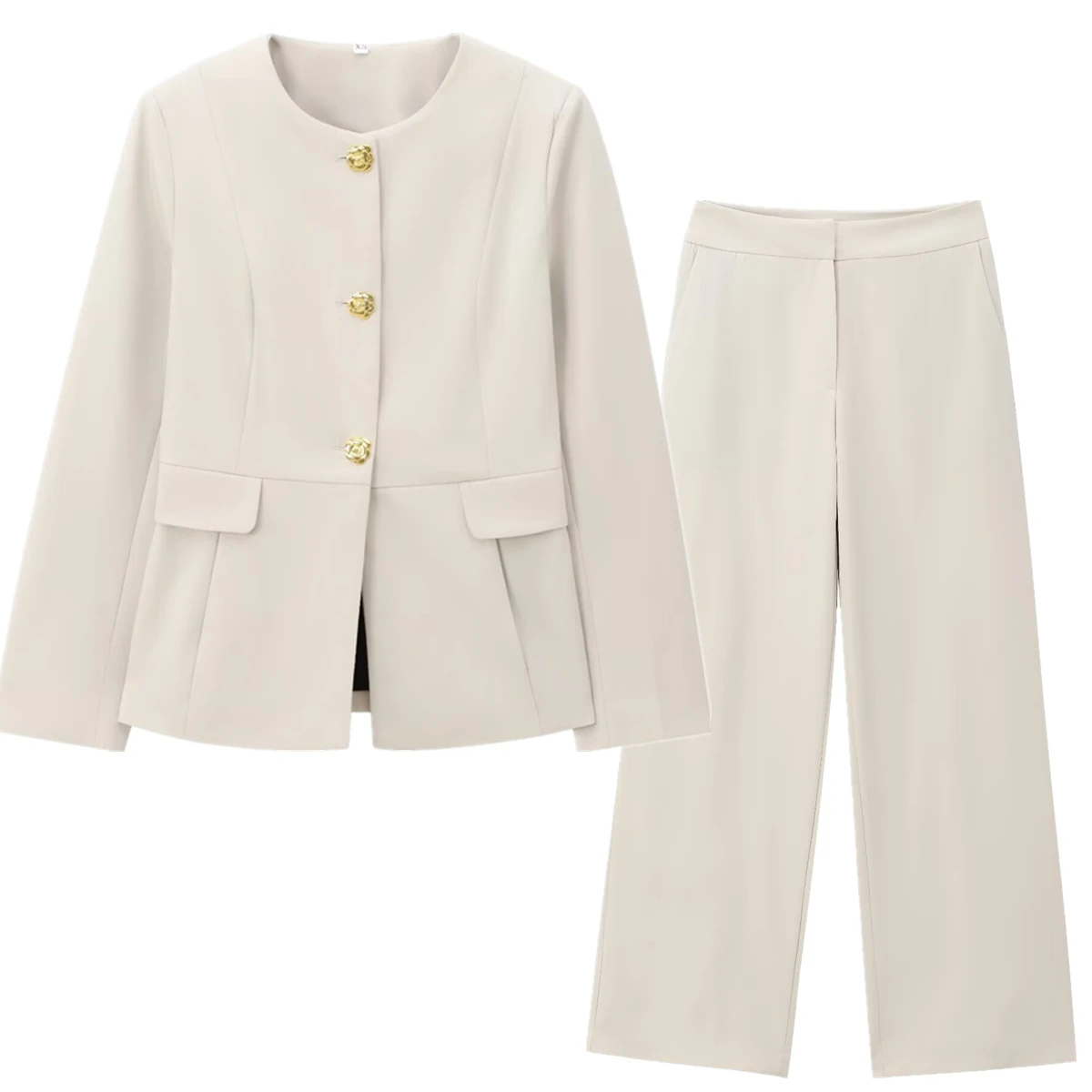 

Withered Minimalist Suit Two-piece Elegant Beige Round Neck Single Breasted Blazers Suit Straight Leg Pants Set Women