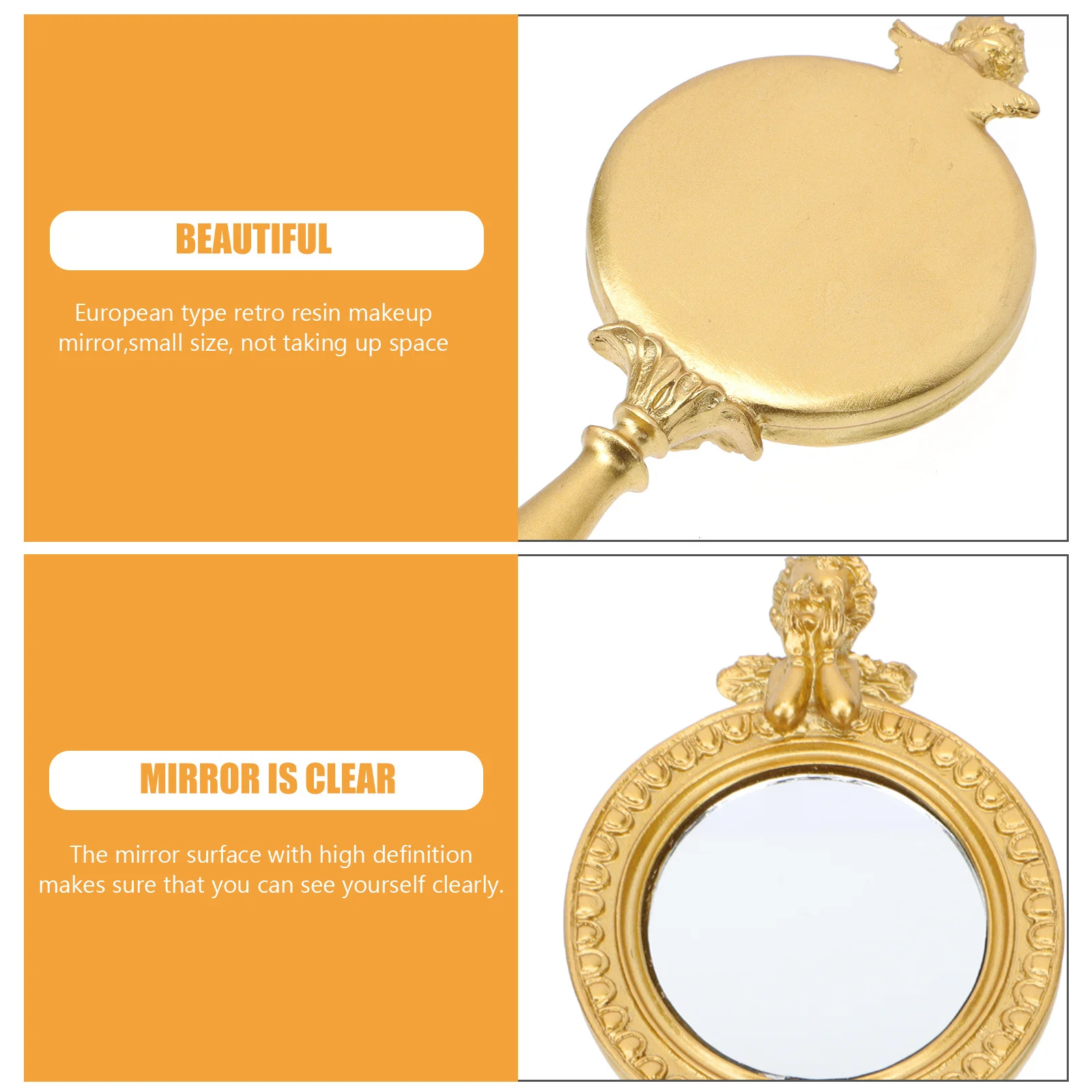 레트로 골드 엔젤 핸드헬드 미러 빈티지 컴팩트 휴대용 메이크업 미러 가볍고 우아한 디자인 고화질