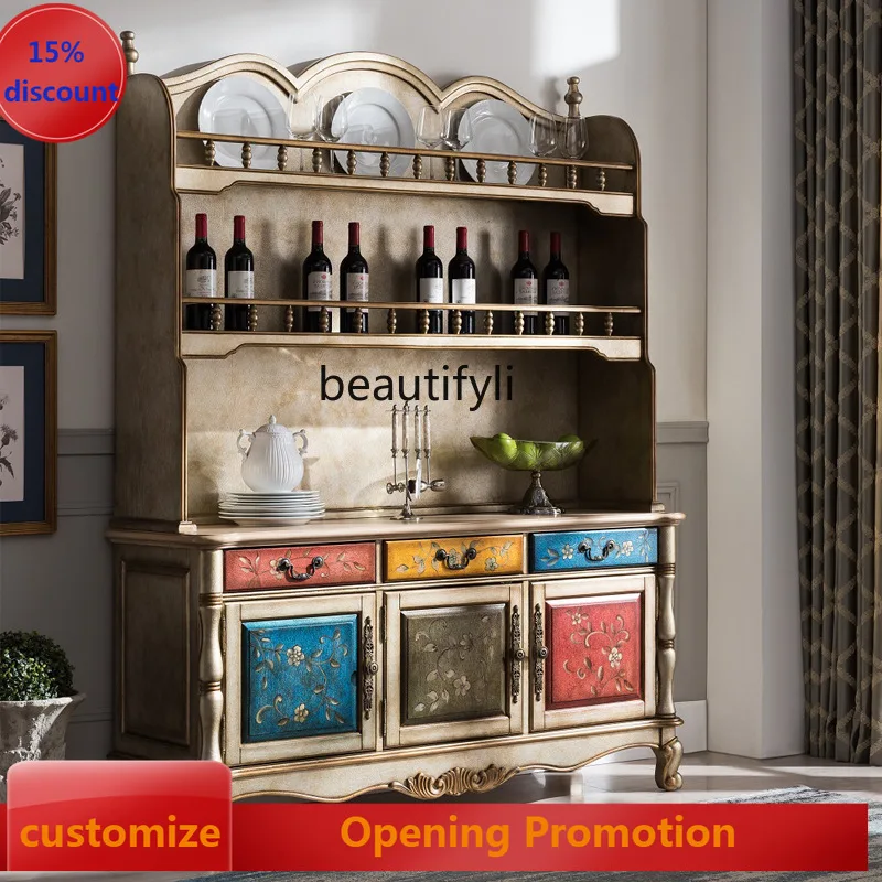 

Solid Wood European Style Painted Carved Sideboard Wine Cabinet Home Restaurant Tea Cabinet Villa Entrance Storage Cabinet G1218