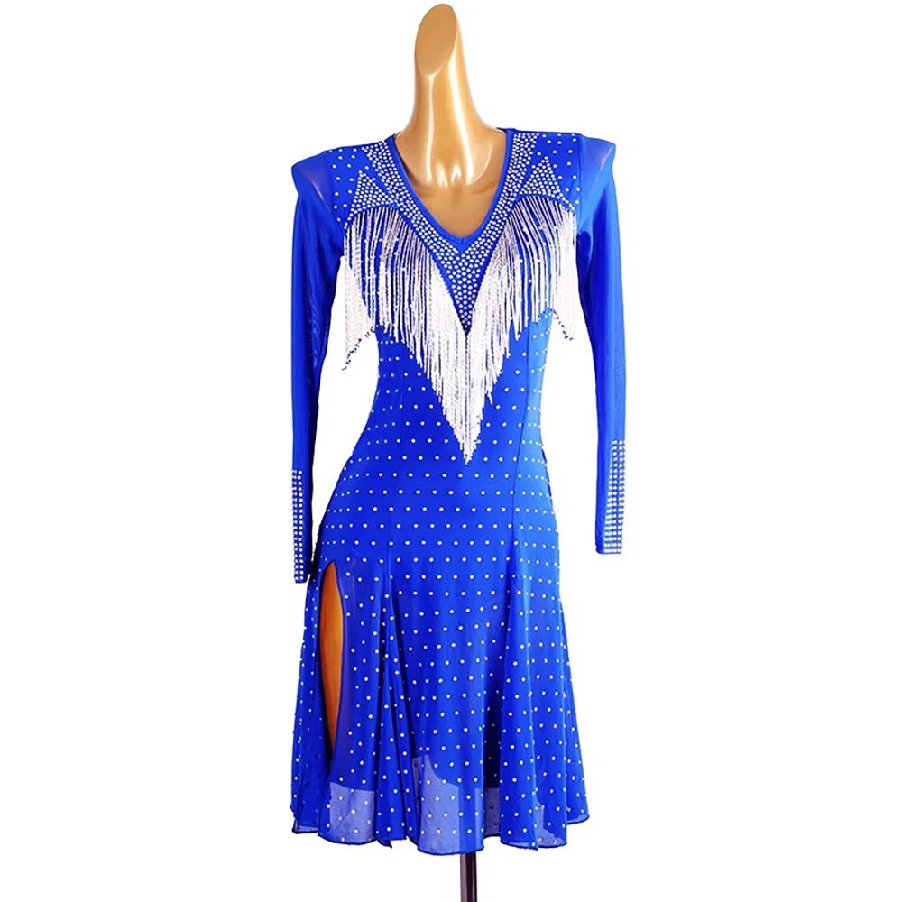 Latin Dance Competition Women's High-end Custom Long Sleeved Skirt With Diamond and Small Hem, Samba Performance Dress