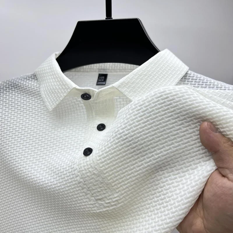 

Europe and America ins High-end Mesh Ice Silk Short SleevetMen's Shirt Collar Summer Solid Color New Slip Materialpolo