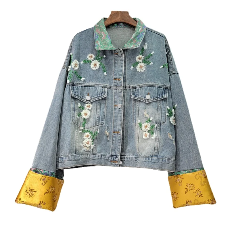 

New Chinese Style Denim Coat Light National Style Blue Denim Jacket Female 2024 New Design Sense Retro Spring Jackets Street Top