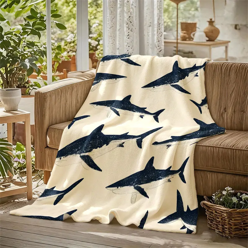 Shark Line Art Flannel Blanket Warm Soft Halloween Christmas Decorative Couch Warm Cozy All-Season Gift