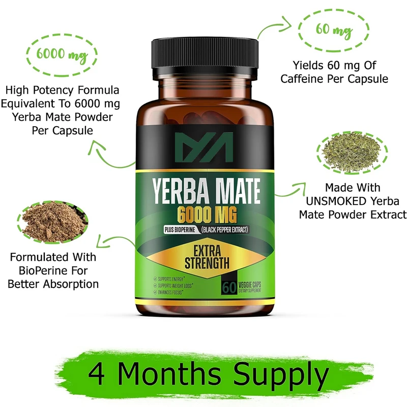 6000mg Extra Strength Yerba Mate high potency, 60mg caffeine, used to clean natural energy and improve attention