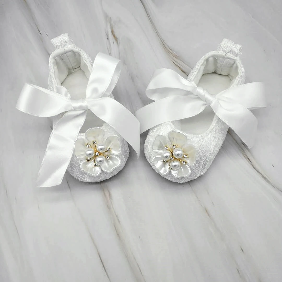 Dollbling Baptism Pearls RIbbon Baby Girl Shoes Christening White Flower Handmade Newborn Princess Infant Wedding Anti-Slip Crib