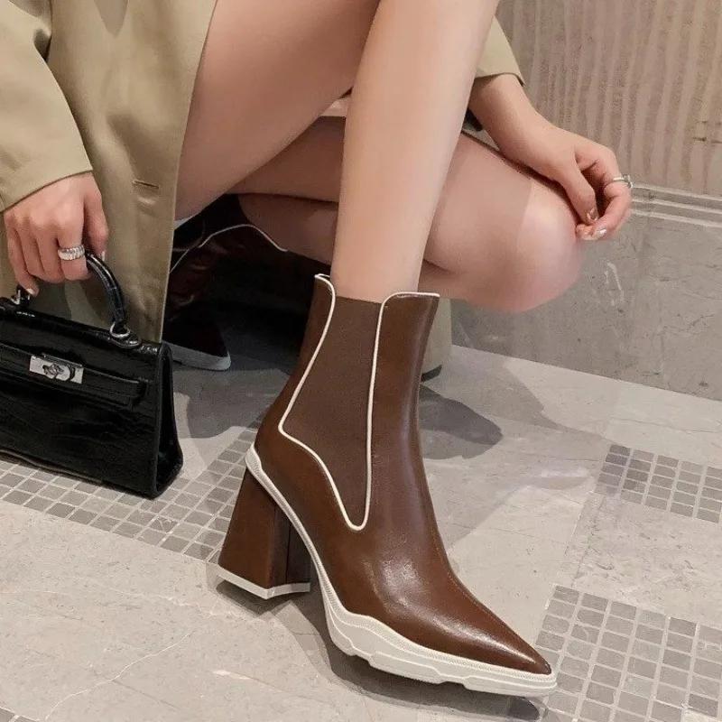 Ladies Shoes 2023 High Quality Slip-on Women's Boots Fashion Color Matching Office and Career Sexy Pointed Toe Ankle Boots