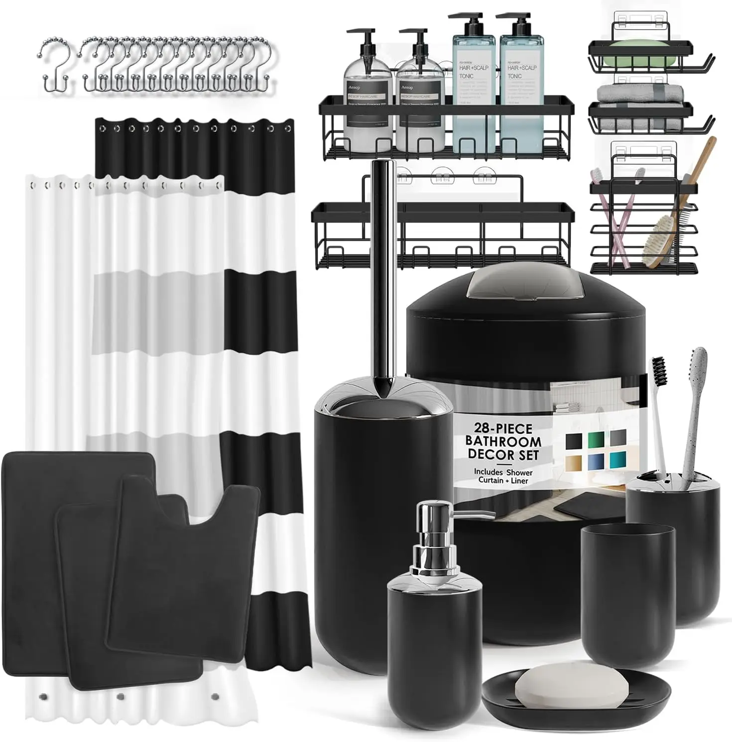 

28PC Complete Bathroom Set with Adhesive Corner Shower Caddy, Hanging Organizer, Curtain & Rugs - Black Modern Accessories