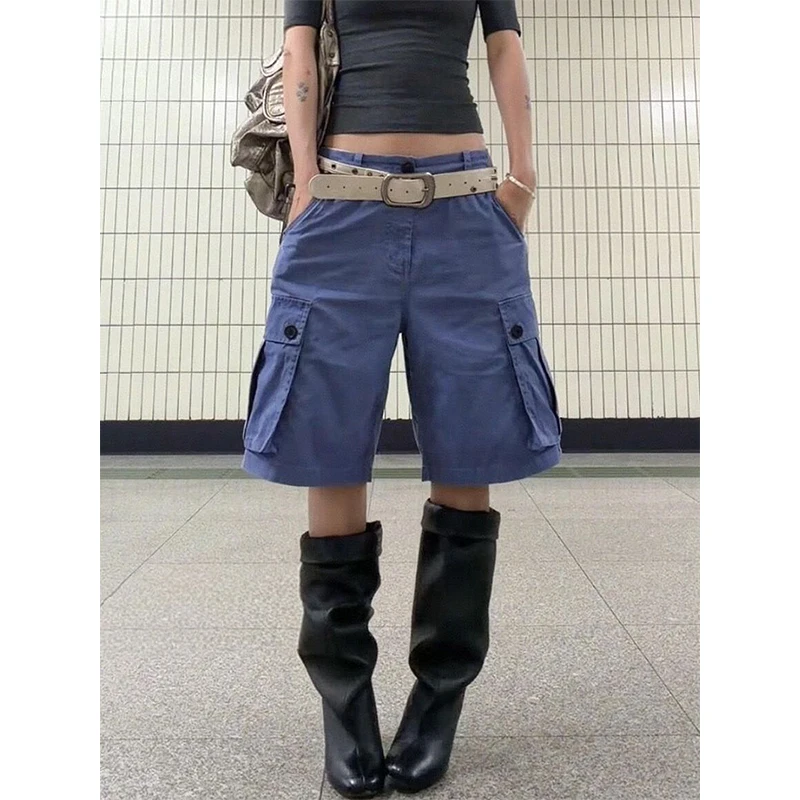 Y2K Cargo Denim Shorts Women Harajuku Baggy Wide Leg Shorts Jeans Summer 3Xl Streetwear Vintage Pockets Casual Short Pants New