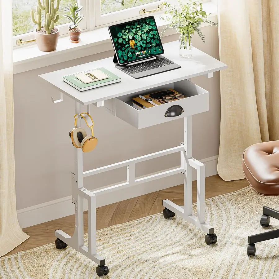 

White Standing Computer Desk with Drawers,Height Adjustable Home Office Sit Stand Up Desk with 4 Wheels amp 2 Hooks,Portable Rol