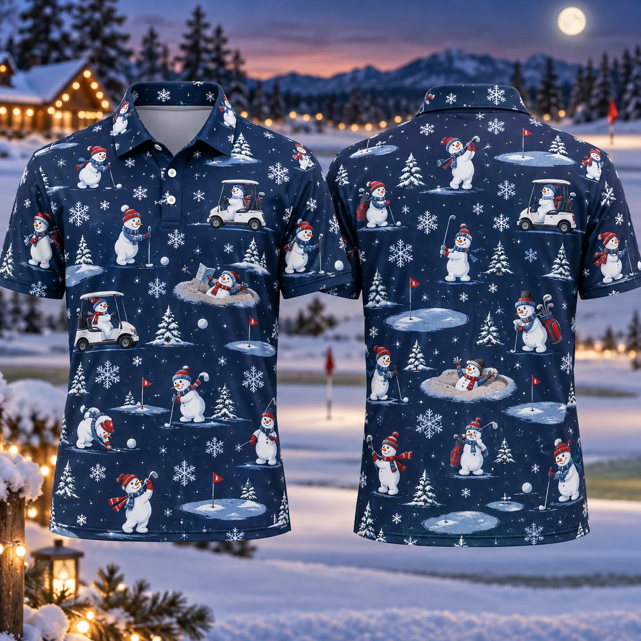 Men's Christmas Golf Polo Shirt Snowman Putting 3D All Over Print Short Sleeve Holiday Party Top