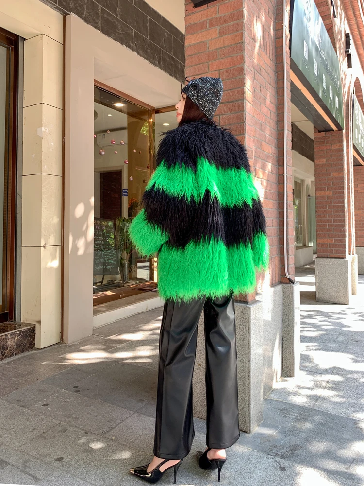 Original Design Female Faux Fur Coat Green Contrast Color Personalized Long Jacket Women's Winter Coats Factory Direct Sales