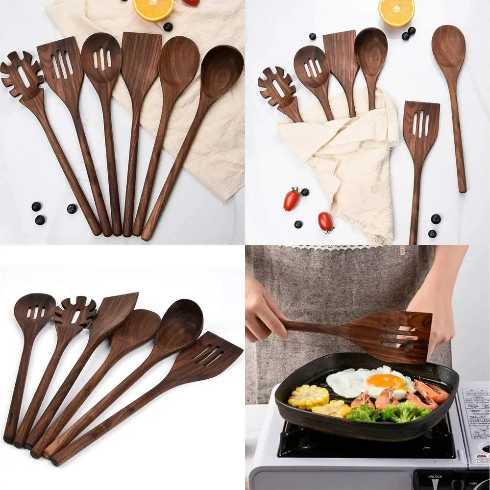 

Black Walnut 6-Piece Kitchen Utensil Set: Long-Handled Spoons and Spatulas for Heat-Resistant Cooking