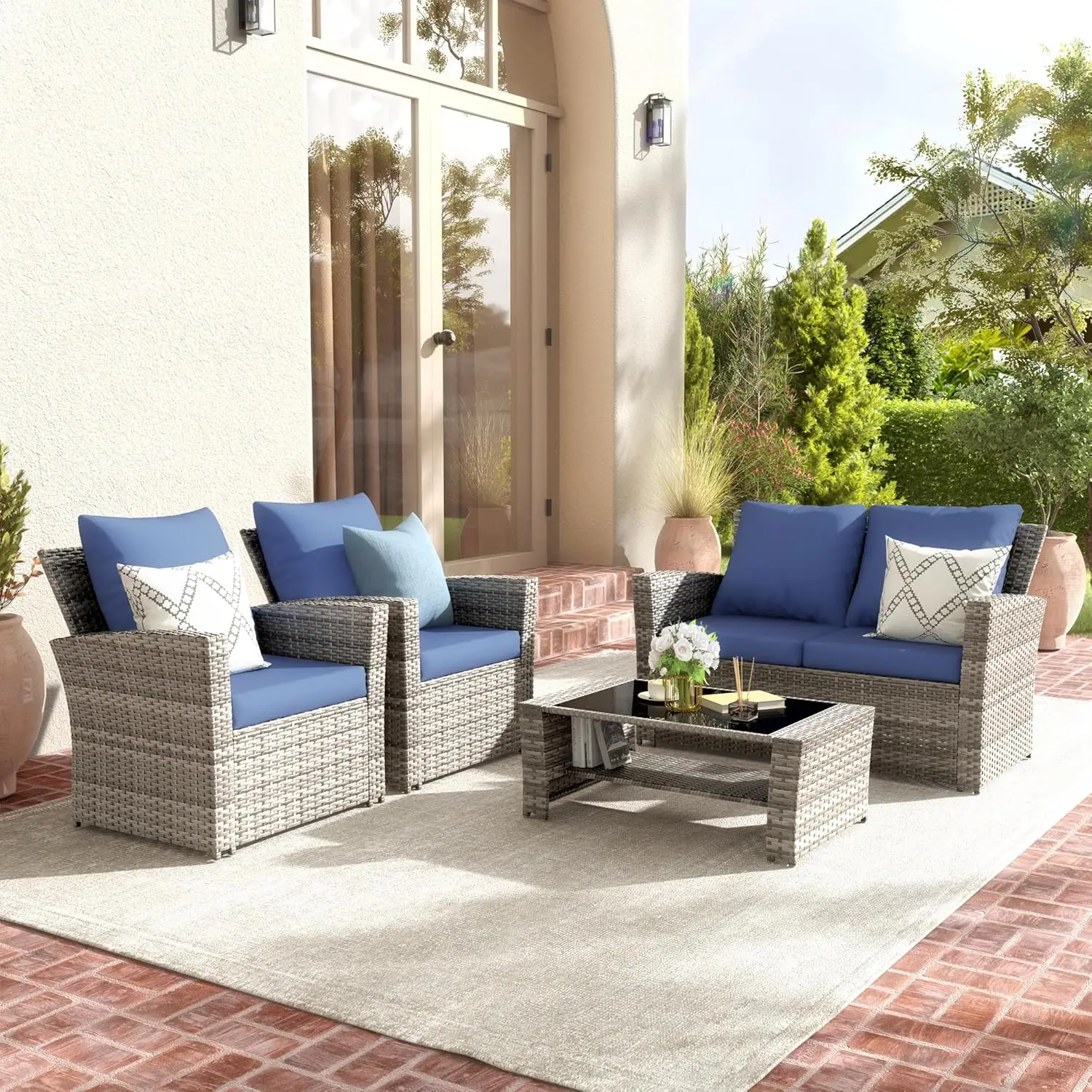 Wicker Patio Furniture Set, 4 Piece Outdoor Sectional Sofa Sets, Gray PE Rattan Patio Conversation Set for Balcony, Porch, Navy