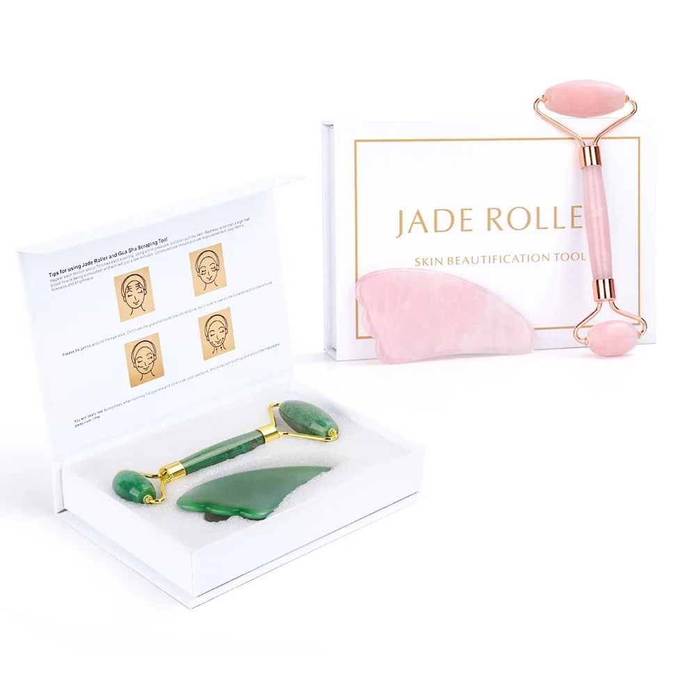 Ensemble de rouleaux en cristal pour massage du visage, kit Gua Sha de diversification naturelle, grattoir de pierre de quartz rose, masseur lifting, outils de beauté