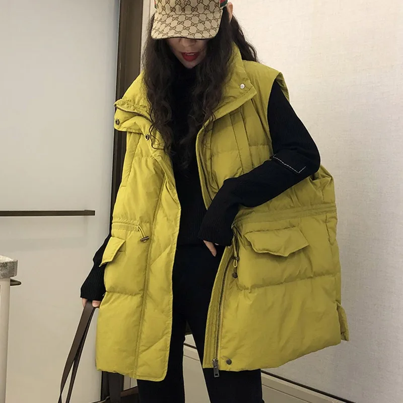Luxury Women's Winter White Duck Down Vest New Warm Fluffy Fashion Loose Down Jacket Waistcoat Ties Pockets Zipper Tops