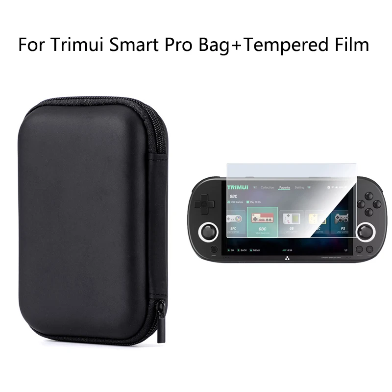 For Trimui Smart Pro Handheld Game Console 9H Tempered Glass Film Screen Protector+Portable Waterproof Hard Carrying Bag Case