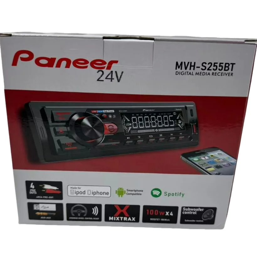 Pioneer MVH-S255BT 1-DIN In-Dash AM/FM Bluetooth Radio USB MP3 Player 100W Auxiliary 24V with Smartphone Compatibility for Truck