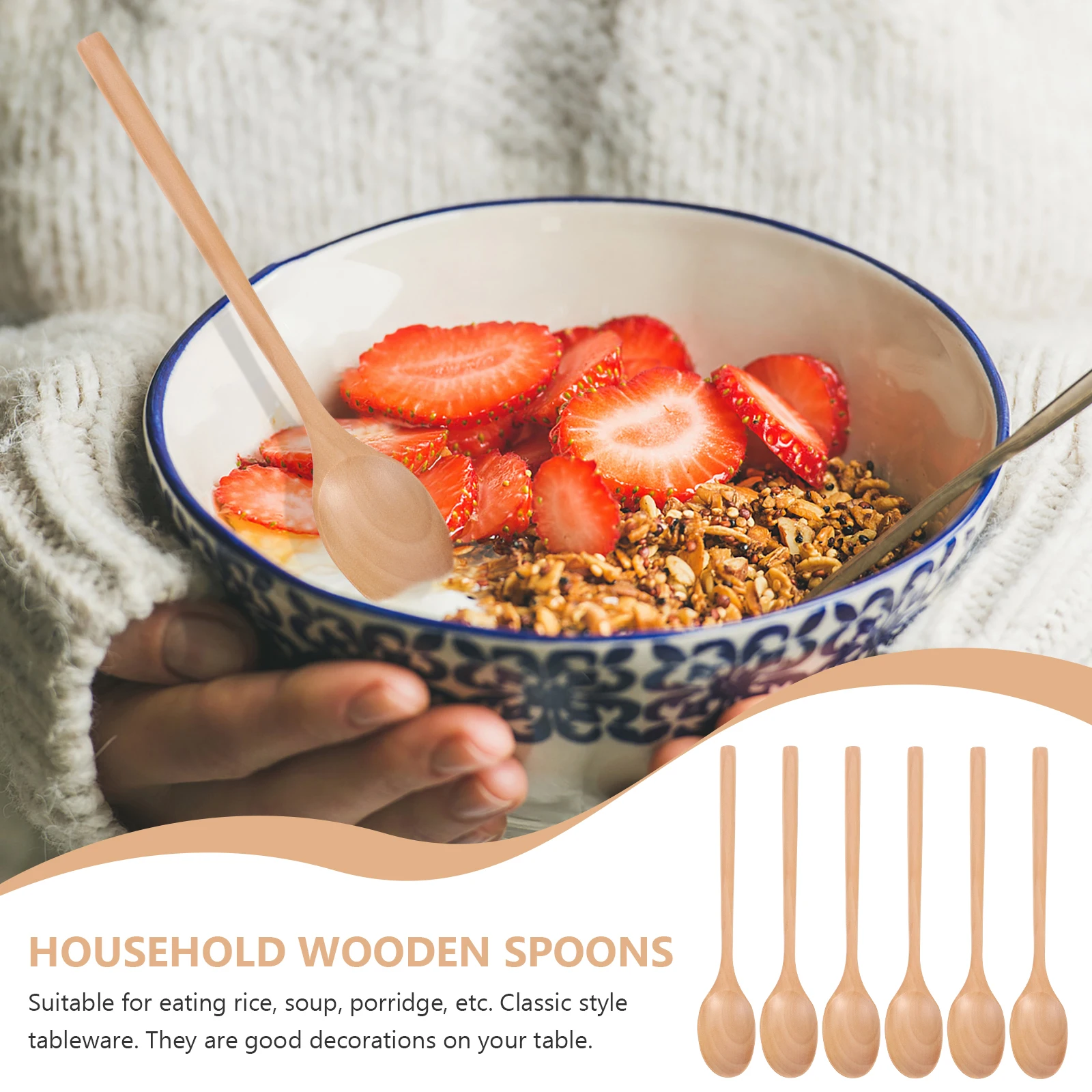 

6Pcs Wooden Spoons Food Grade Natural Wood Long Handle Spoon Set for Cooking Serving Rice Soup Dessert Kitchen Supplies