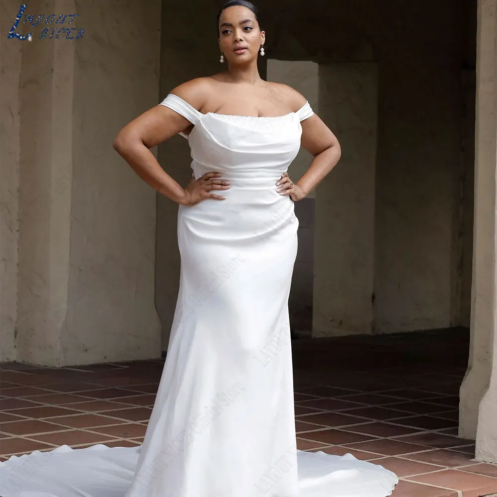 LAYOUT NICEB Off spalla Plus Size abiti da sposa sirena maniche corte Backless abiti da sposa bottoni posteriori abiti in raso 2024LAYOUT NICEB Off spalla Plus Size abiti da sposa sirena maniche corte Backless abiti da