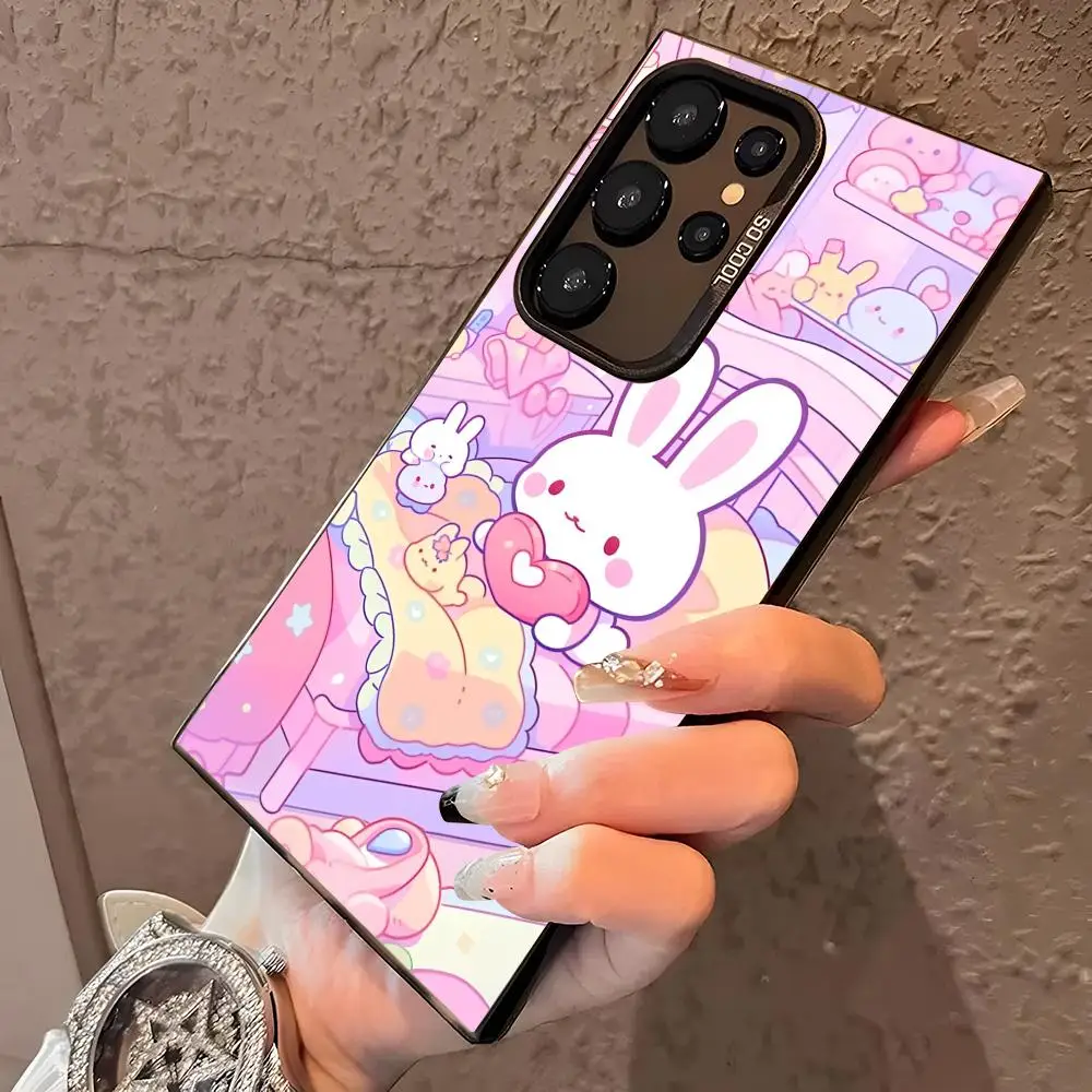 Casing Ponsel Kelinci Pink Kawaii Untuk Samsung Galaxy S25 Edge S24 S23 S22 S21 S20 Ultra Funda Silikon Penutup Perak
