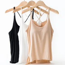 New Summer Ladies Modal Pajamas One Piece Top T-Shirt With Chest Pad Sleeveless Sling Bottoming Shirt Homewear Sleep Wear Women