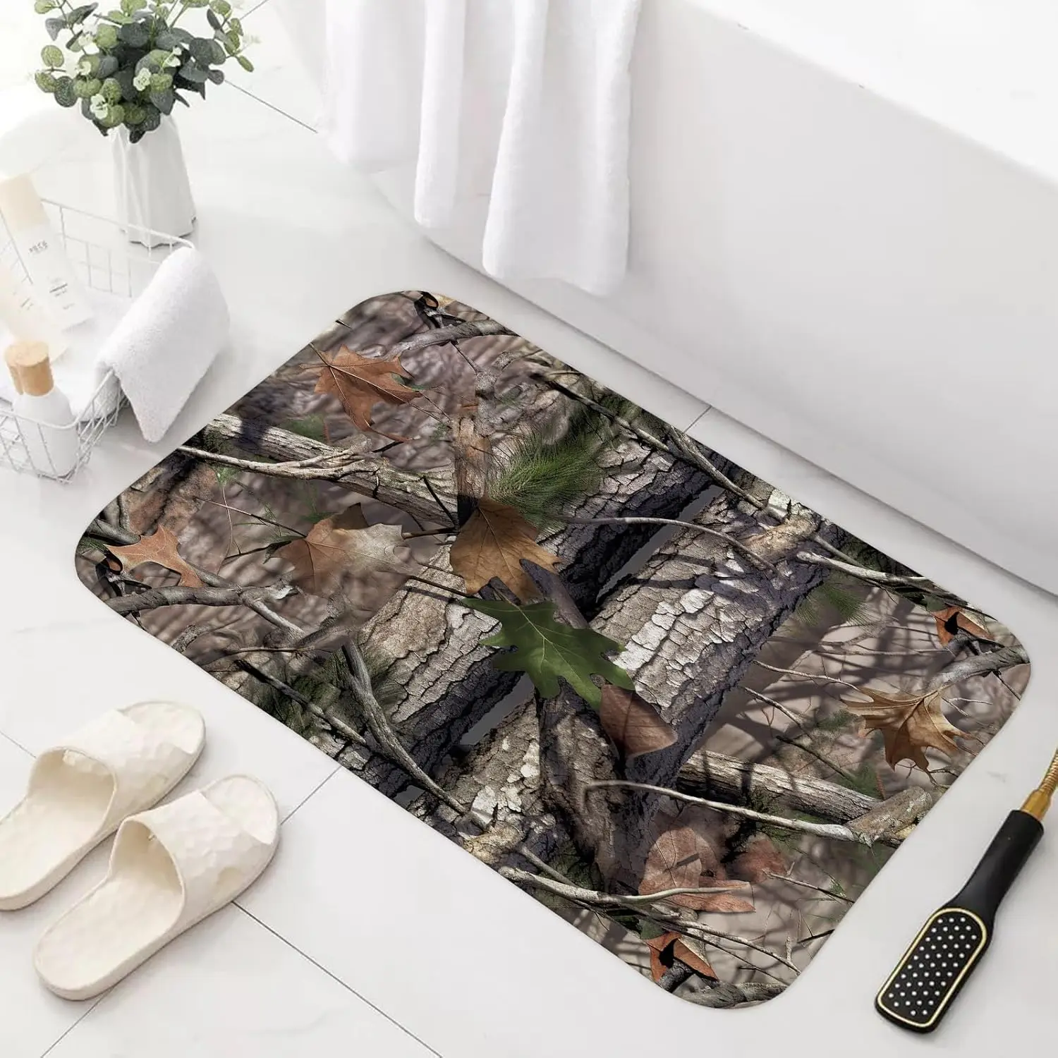 Camo Bath Mat Real Tree Bark Leaves Camouflage Hunting Rustic Woodland Non Slip Soft Rug