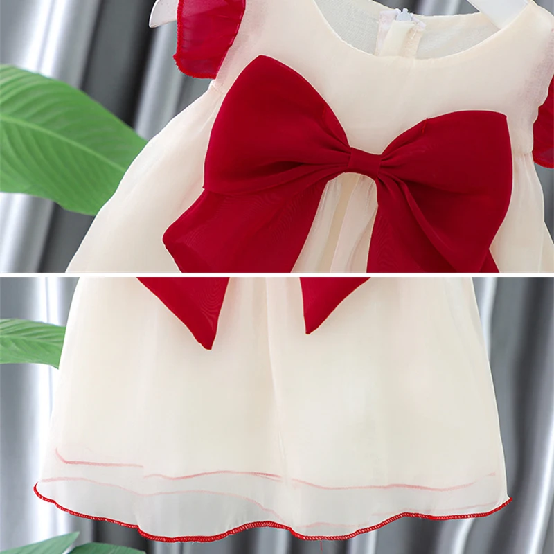 New Girls Party Dress Summer Elegant Princess Dress Red White Dress 0-5 Years Big Bow Kids Birthday Party Clothes