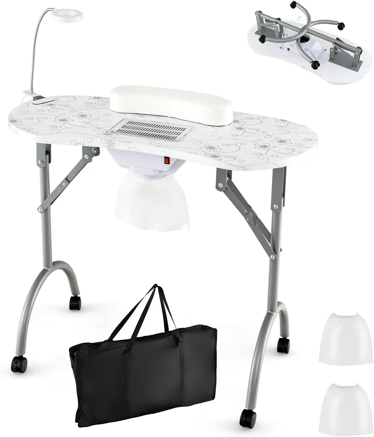 Portable Nail Table, Foldable Nail Technician Desk w/Electric Dust Collector, Bendable LED Lamp, Removable Armrest Pad