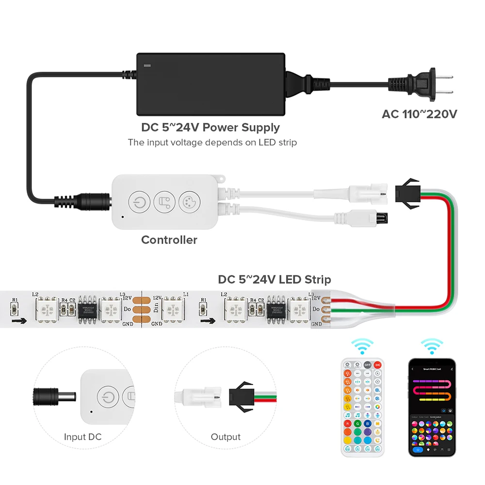 Tuya WiFi SPI LED Controller Alexa Google Home IR44 Keys Remote for WS2811 WS2812 FCOB RGB IC Addressable Strip Light DC5V-24V