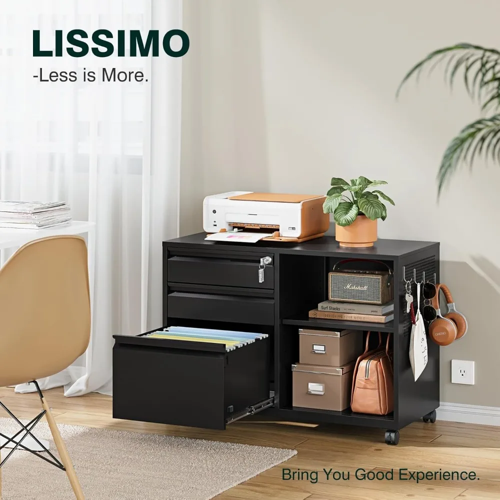 Secure 3-Drawer Metal File Cabinet with Lock, Mobile Lateral Filing System, Printer Stand Storage Cabinet with Shelves for Home