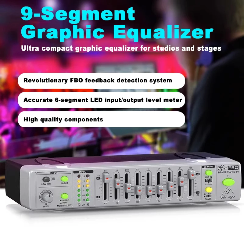 معادل EQ للرسومات مكون من 9 قطع مضاد للعواء وتعديل التردد العالي والمتوسط والمنخفض، وفلتر منخفض القطع، وشاشة LED