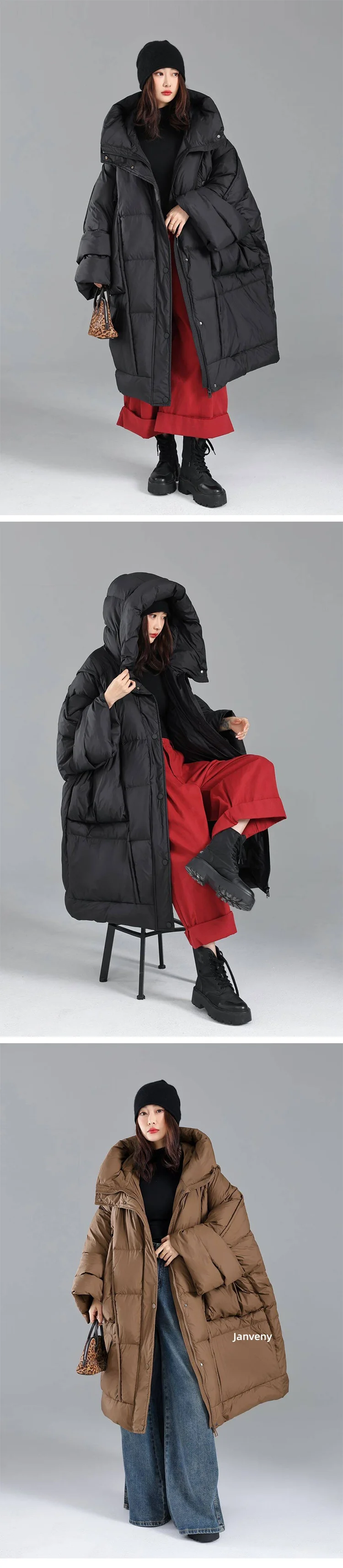 Janveny 2026 Newest Winter Loose Long Puffer Jacket Women Hooded 90% White Duck Down Coat Female Fluffy Warm Down Parka Outwear
