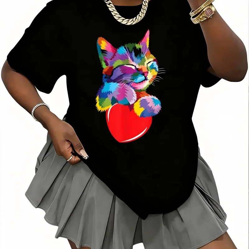 Rainbow Cute Cat Hugging Valentine Heart Kitty Love Cat Women's 100% Cotton T-Shirt Short Sleeve Top Casual Round Neck Fun Print Tee S-5Xl