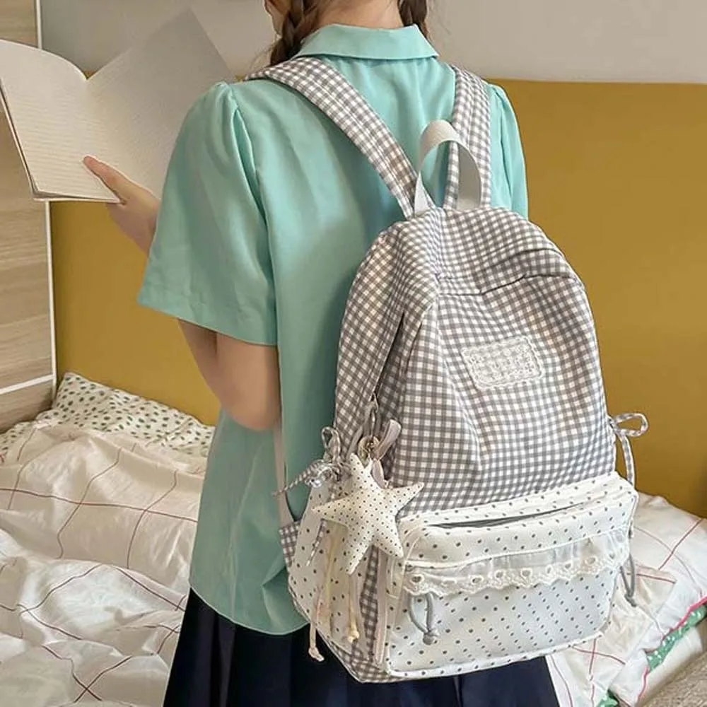 Korean Style Plaid Backpack Ruffle Design Pastel Color Lace Schoolbag Multi Pockets Large Capacity Gingham Daypack