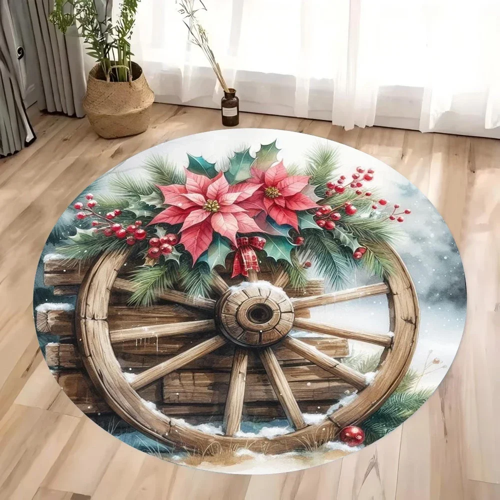 

Vintage-Inspired Round Rug with Floral & Wooden Wheel Motif – Cozy Decor for Bedroom, Living Room & Hallway