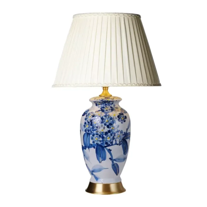 Blue & White Gold Floral Vase Ceramic Table Lamp Classic Chinoiserie Bedroom Nightstand Lamp