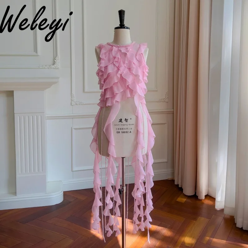 Sweet Fairy Lotus Leaf Edge Irregular Fringed Shirts Summer New French Pink Ruffle Edge Sleeveless Pearl Chiffon Blouses Tops