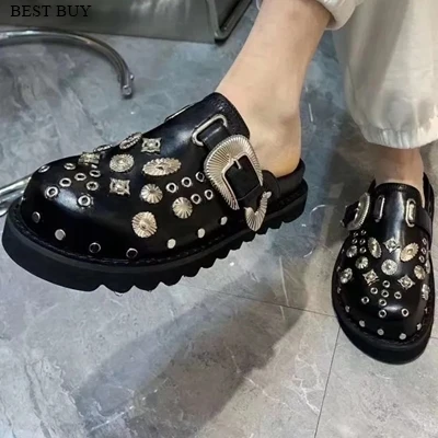 2022 Summer Women Shoes Punk Metal Rivet Charms Black PU Mules Slip On Outdoor Platform Modern Slippers Casual Shoes For Female