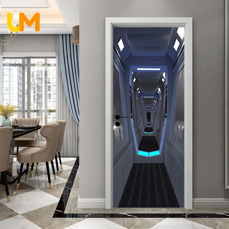 Home Decor Travel Through The Future Door Sticker 3D Door Wallpaper Self-adhesive Elevator Door Sticker Spaceship Metaverse Wall