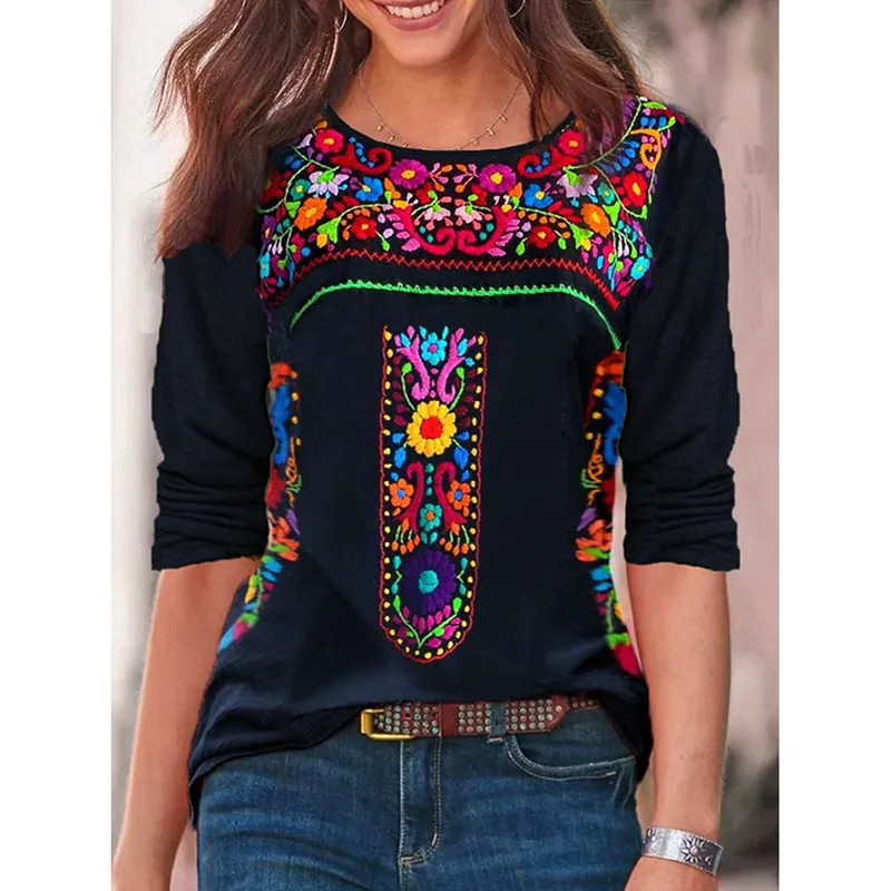 Women's Bohemian Print V-Neck Long Sleeve T-Shirt 2026 Spring Summer New Top from Europe And the United States