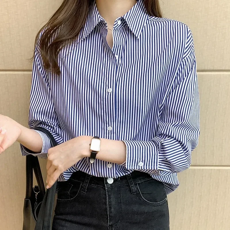 Korean Loose Shirt Classic Striped Woman Spring Autumn Blouses Shirt Lady Long Lantern Sleeve Stand Collar Loose Blusas Tops