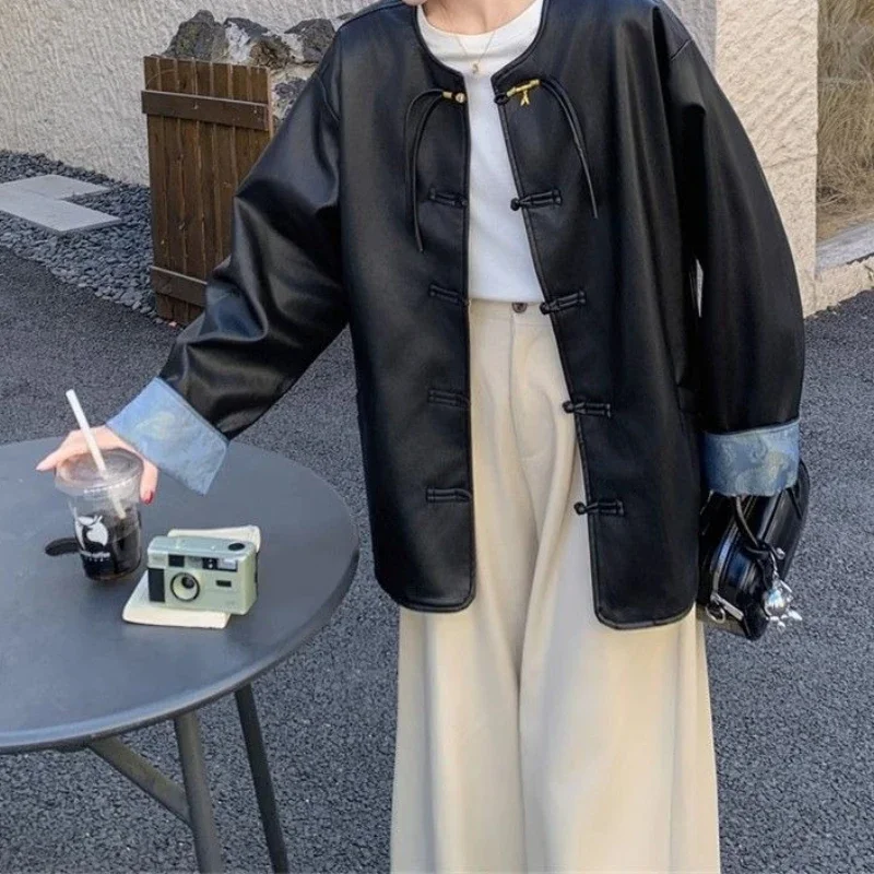 

Leather Jacket Women's Spring New Splicing Outer Wear High-end Temperament Retro Leather Jacket