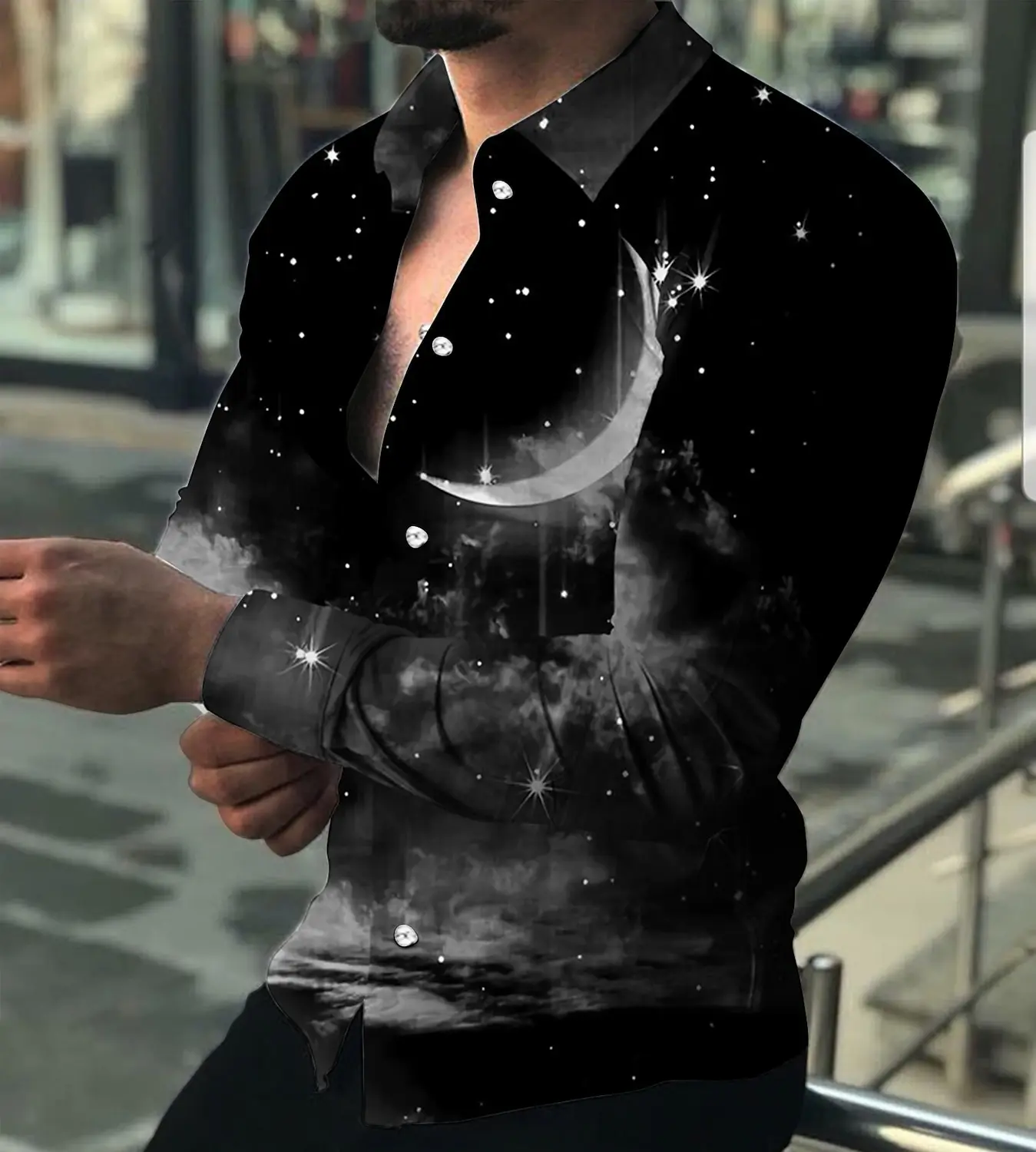 Céu estrelado e lua camisa de manga longa masculina impressa high-end luxuoso e confortável lapela topo elegante casual camisa masculina