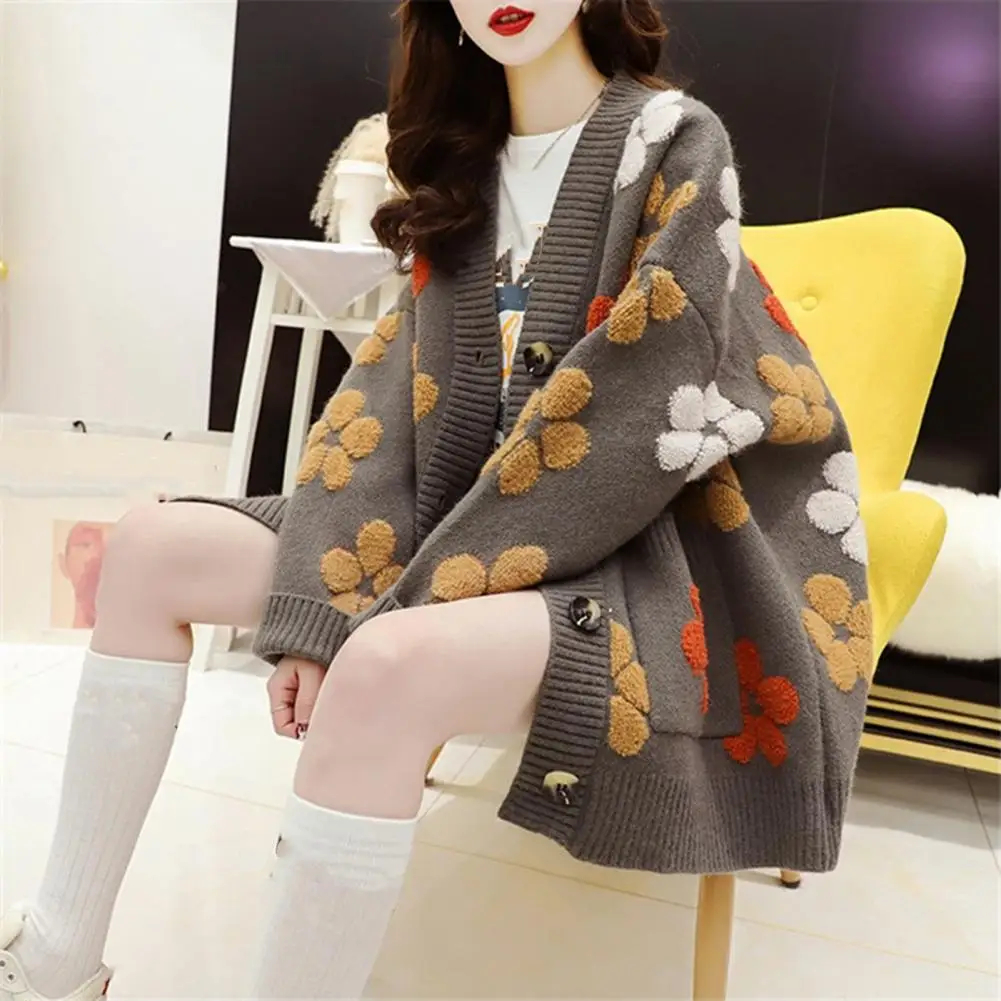 

Women Sweater Coat V-Neck Long Sleeve Flower Pattern Loose Knitted Cardigan Button Pockets Elegant Coats Autumn Winter Knitwear