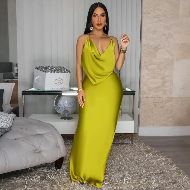 

KEXU Sleeveless Pile Collar Halter Backless Long Dress 2025 Women Summer Street Sexy Party Birthday Evening Dresses Vestidos