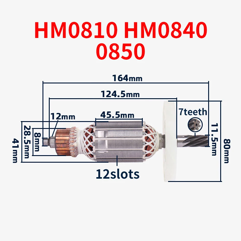 Rotor Parts for HM0810 HM0810T 0840 0850 Electric Pickaxe 7Teeth Universal Armature Rotor Anchor Stator Coil Replacement