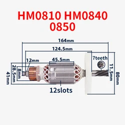 Rotor Parts for HM0810 HM0810T 0840 0850 Electric Pickaxe 7Teeth Universal Armature Rotor Anchor Stator Coil Replacement