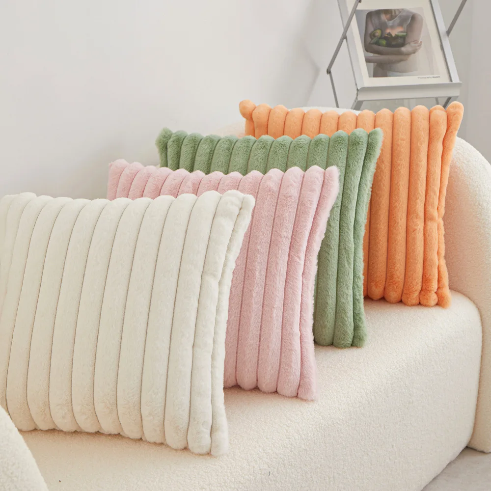 Faux Rabbit Fur Square Cushion Cover Pillowcase 45x45cm Striped Soft  Pillow Cover for Couch Sofa Bedroom Living Room Home Decor