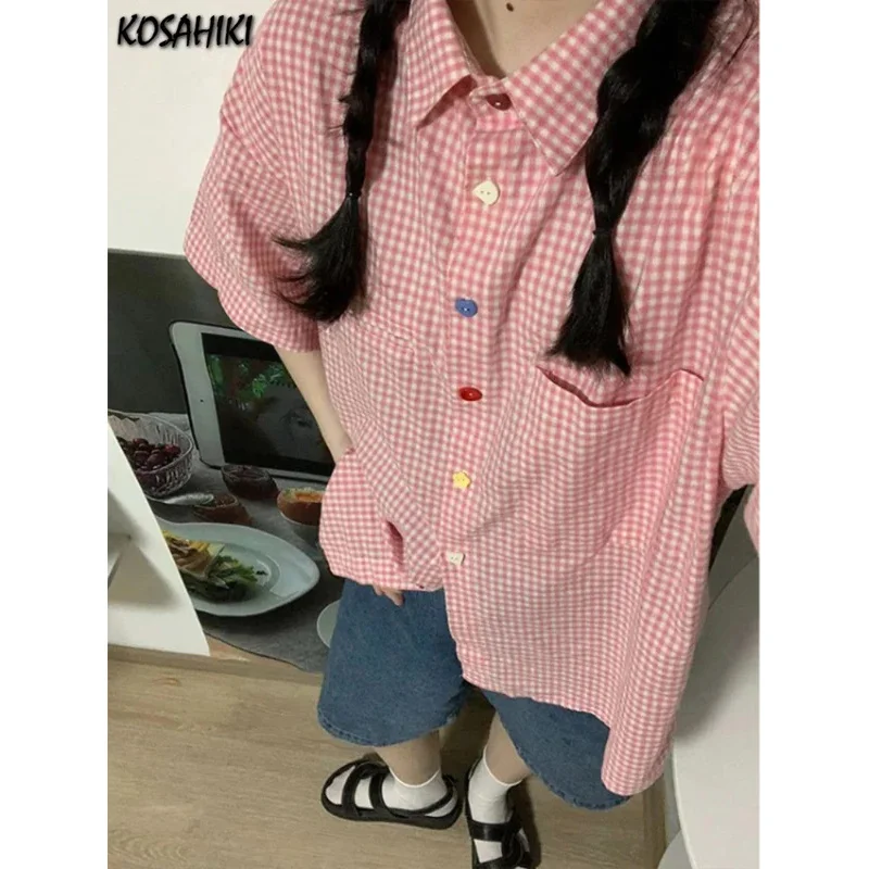 Y2k-Blusa de manga corta a cuadros rosa para mujer, Blusas holgadas de verano, Tops Vintage japoneses que combinan con todo con cuello vuelto