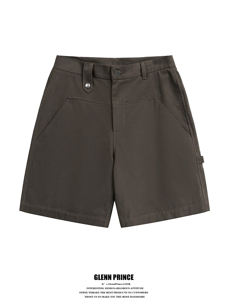 

Basic Cotton Work Trousers for Men Vintage Pocket Pure Color Summer Shorts Loose Fit mid Waist Five-Quarter Length Straight Leg